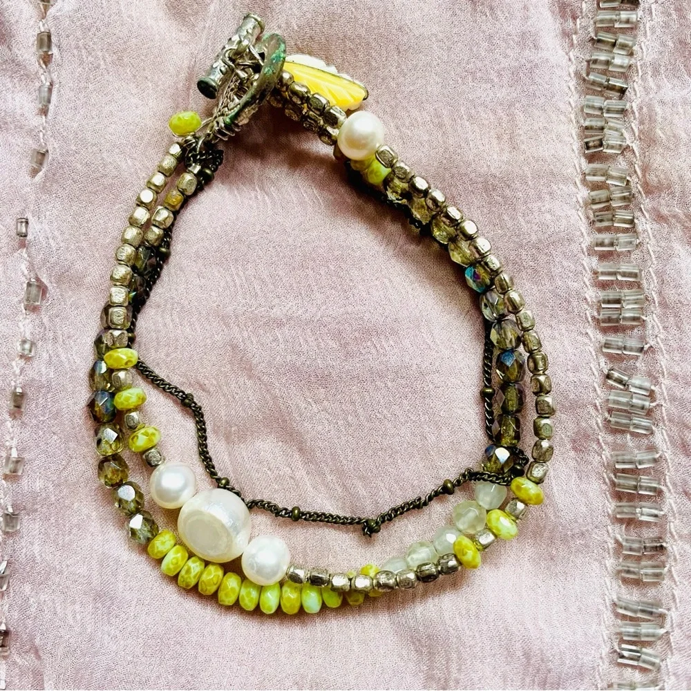 Multi-Strand Pearl & Green Gemstone Bracelet Artisan Toggle OOAK